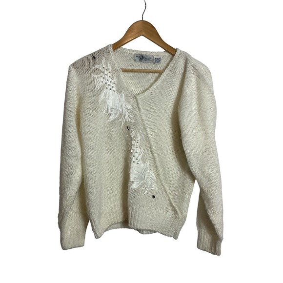 Maggie Lawrence Collection Sweaters - Maggie Lawrence Vintage Cream Sweater Pearl Rhinestone Applique Medium Grandma